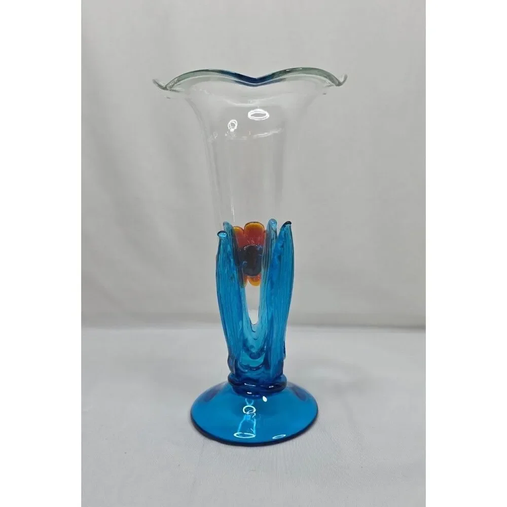 Vintage Murano Style Art Glass Vase | Blue Waves w/ Orange Flower | Hand Blown